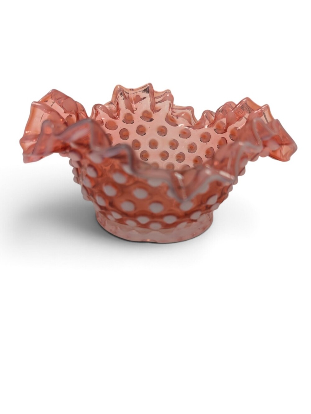 VINTAGE Fenton Hobnail Ruffled Bowl Glass Cranberry Pink Red White BonBon Dish - Picture 5 of 10